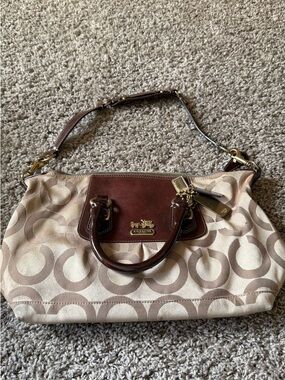 Coach Beige Signature Canvas Shoulder Bag with Brown Leather Trim